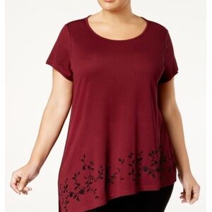 LOVE SCARLETT Maroon Embroidered Asymmetric Floral Top Medium